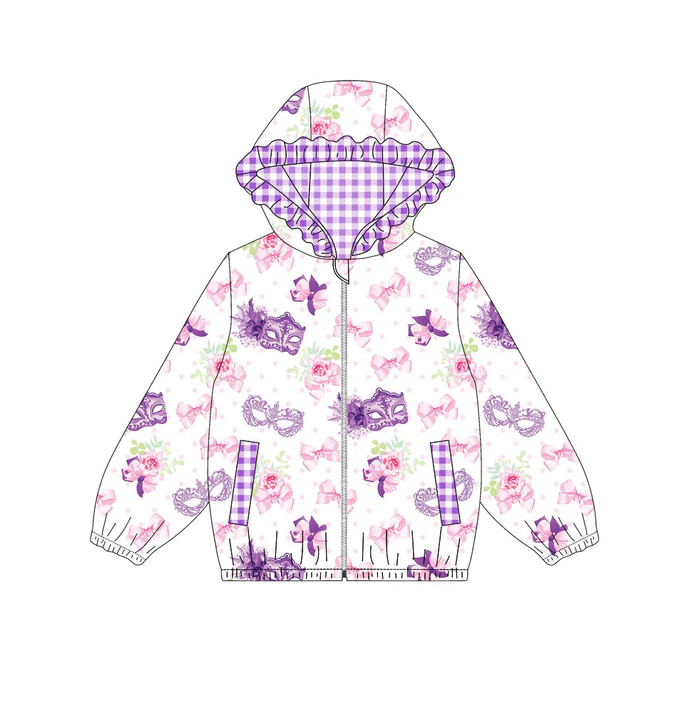 9.12 Preorder (moq 5)Baby Girls Mardi Gras Masks Bows Flowers Pockets Zipper Ruffle Hoodies Top