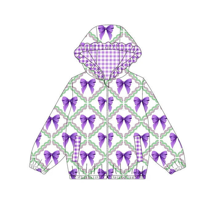 9.12 Preorder (moq 5)Baby Girls Mardi Gras Purple Bows Checked Pockets Zipper Ruffle Hoodies Top