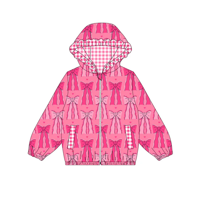 9.12 Preorder (moq 5)Baby Girls Hot Pink Bows Pockets Zipper Valentine Ruffle Hoodies Top