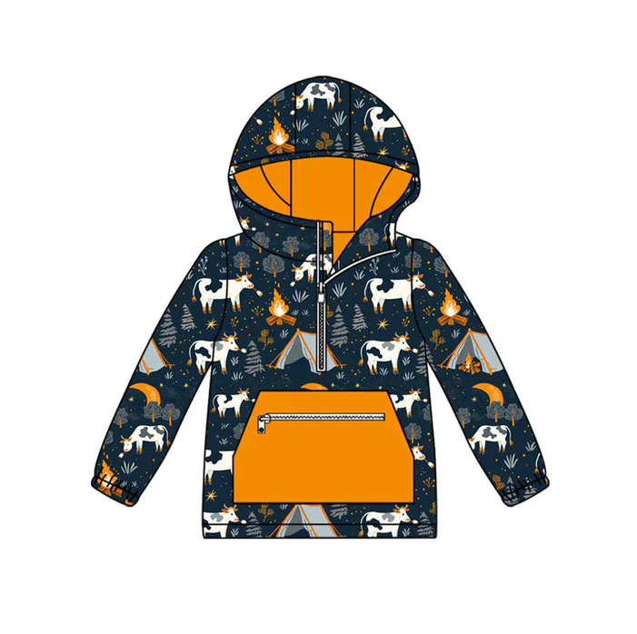 9.12 Preorder (moq 5)Baby Boys Cows Fire Adventure Pockets Zipper Western Hoodies Top
