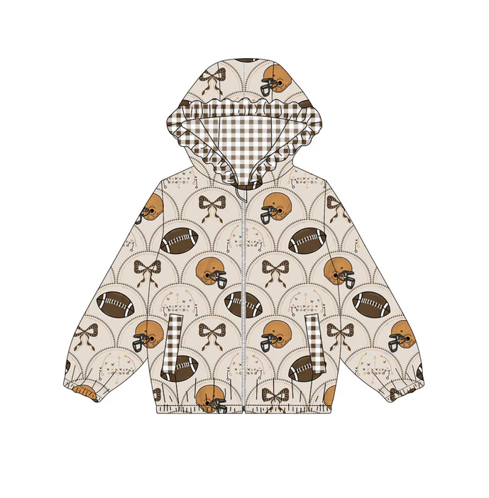 9.12 Preorder (moq 5)Baby Girls Footballs Bows Pockets Zipper Team Ruffle Hoodies Top