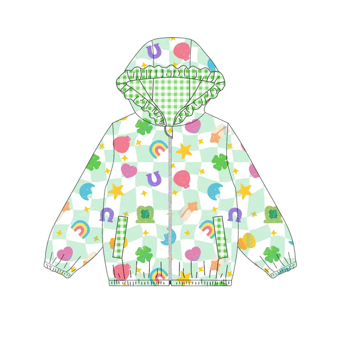 9.12 Preorder (moq 5)Baby Girls Green Checked Clovers Stars Pockets Zipper St Patrick Ruffle Hoodies Top