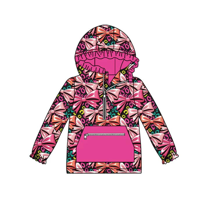 9.12 Preorder (moq 5)Baby Girls Colorful Leopard Bows Pocket Zipper Ruffle Hoodies Top