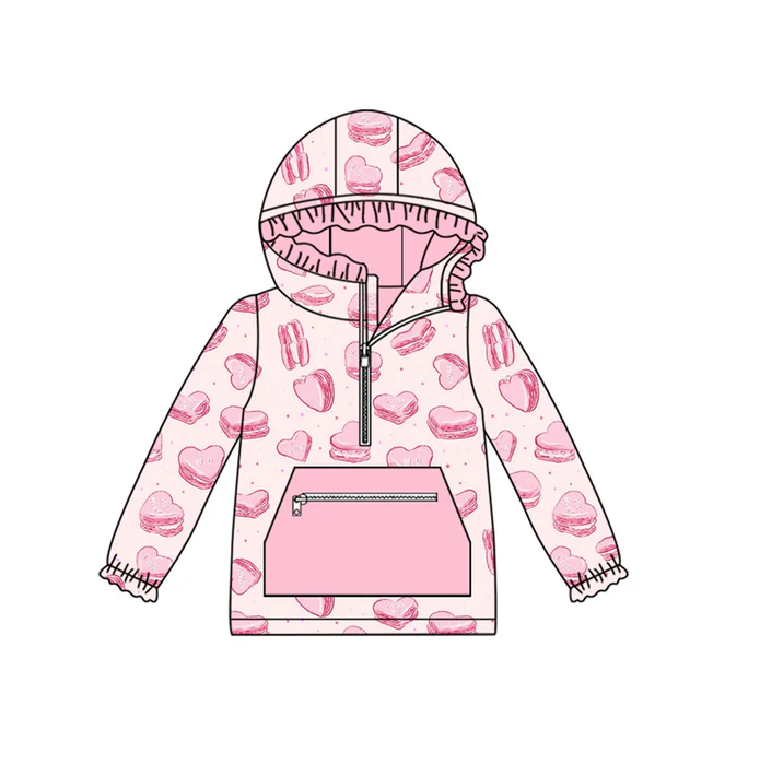 9.12 Preorder (moq 5)Baby Girls Pink Hearts Cookie Valentine Pocket Zipper Ruffle Hoodies Top