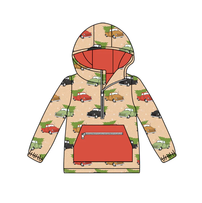 9.12 Preorder (moq 5)Baby Boys Green Red Cars Trees Pocket Zipper Christmas Hoodies Top