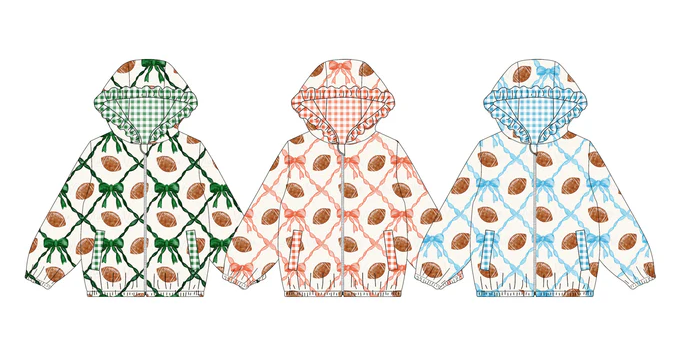 9.12 Preorder (moq 5)Baby Girls Footballs Bows Checked Pockets Zipper Team Hoodies Top