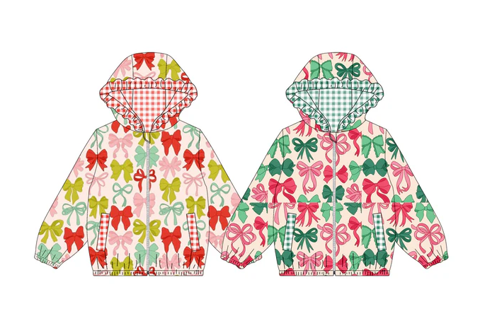 9.12Preorder (moq 5)Baby Girls Green Red Bows Checked Pockets Zipper Christmas Hoodies Top