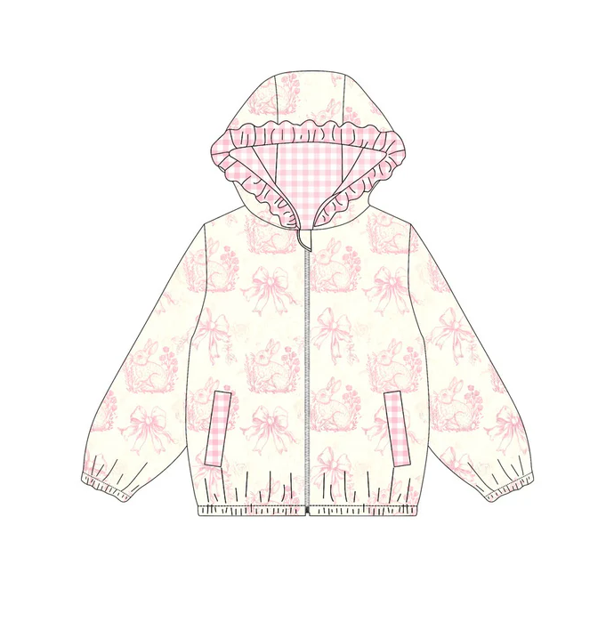 9.13 Preorder (moq 5)Baby Girls Pink Flowers Rabbits Pockets Zipper Easter Ruffle Hoodies Jackets Top