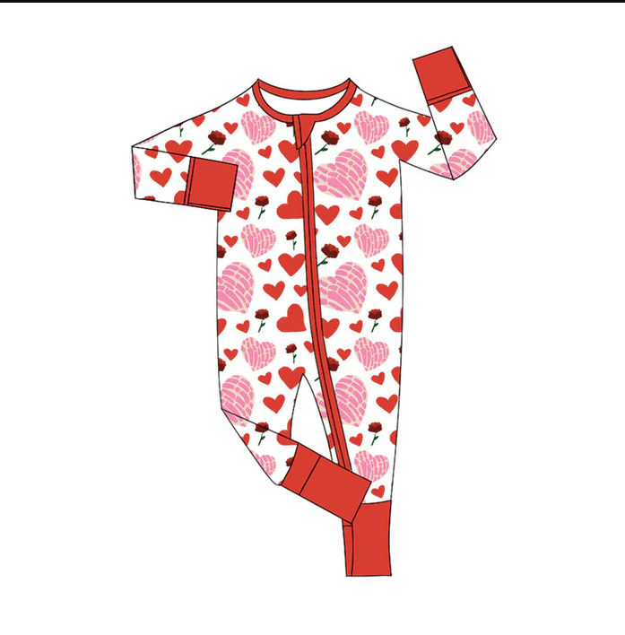 9.13 Preorder (moq 5)Baby Boys Red Flowers Hearts Valentine Zipper Footie Rompers