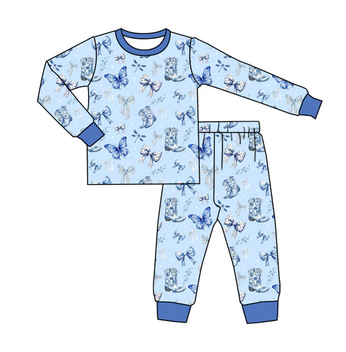 9.13 Preorder (moq 5)Baby Boys Blue Boots Butterfly Top Pants Pajamas Sets