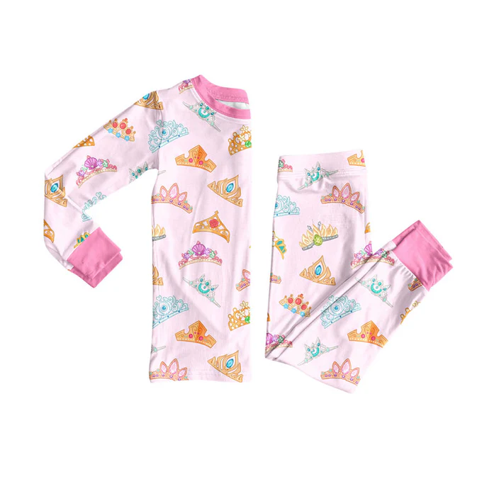 9.13 Preorder (moq 5)Baby Girls Colorful Crowns Top Pants Pajamas Sets