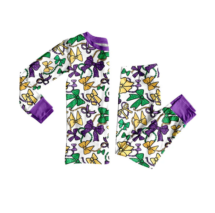 9.13 Preorder (moq 5)Baby Girls Purple Yellow Green Bows Top Pants Mardigras Pajamas Sets