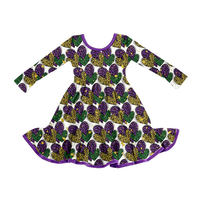 9.13 Preorder (moq 5)Baby Girls Leopard Hearts Mardigras Ruffle Knee Length Dresses
