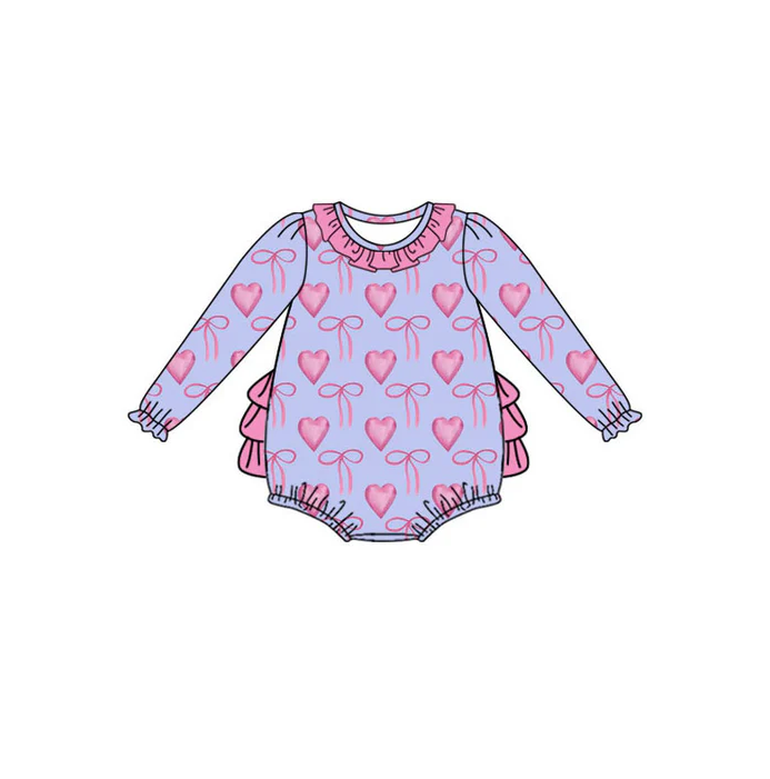 9.13 Preorder (moq 5)Baby Girls Pink Bows Hearts Valentine Ruffle Bobble Rompers