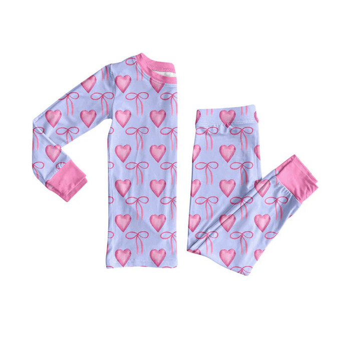 9.13 Preorder (moq 5)Baby Girls Pink Bows Hearts Top Pants Valentine Pajamas Sets