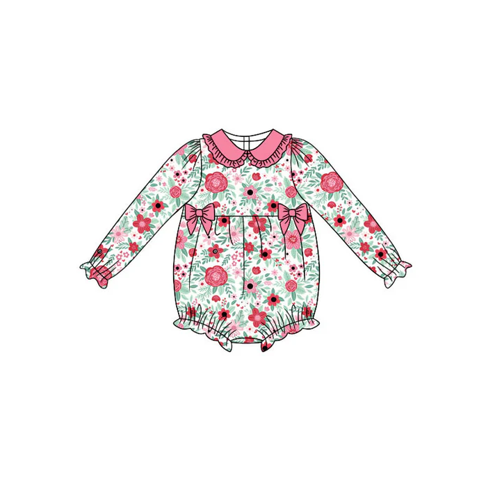 9.15 Preorder (moq 5)Baby Girls Long Ruffle Sleeve Pink Flowers Bows Rompers