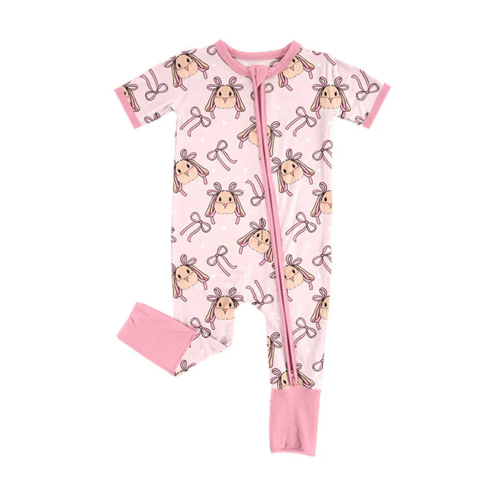 9.15 Preorder (moq 5)Baby Girls Short Sleeve Pink Bows Rabbits Easter Zipper Footie Rompers