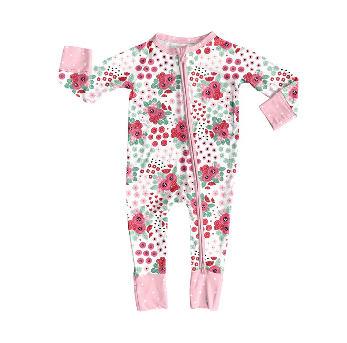 9.15 Preorder (moq 5)Baby Girls Long Sleeve Pink Flowers Zipper Footie Rompers