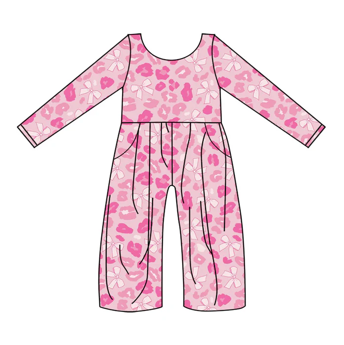 9.15 Preorder (moq 5)Baby Girls Long Sleeve Pink Bows Leopard Pockets Jumpsuits