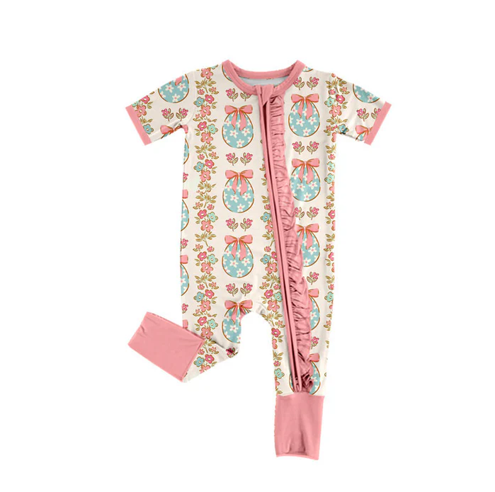 9.15 Preorder (moq 5)Baby Girls Eggs Flowers Stripe Easter Ruffle Zipper Footie Rompers