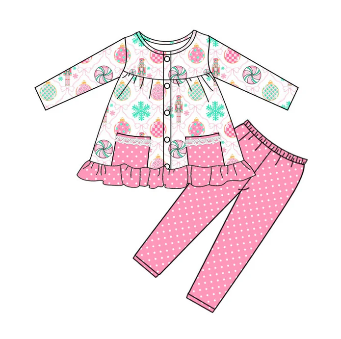 9.15 Preorder (moq 5)Baby Girls Bows Soldiers Button Pockets Tunic Leggings Christmas Clothes Sets