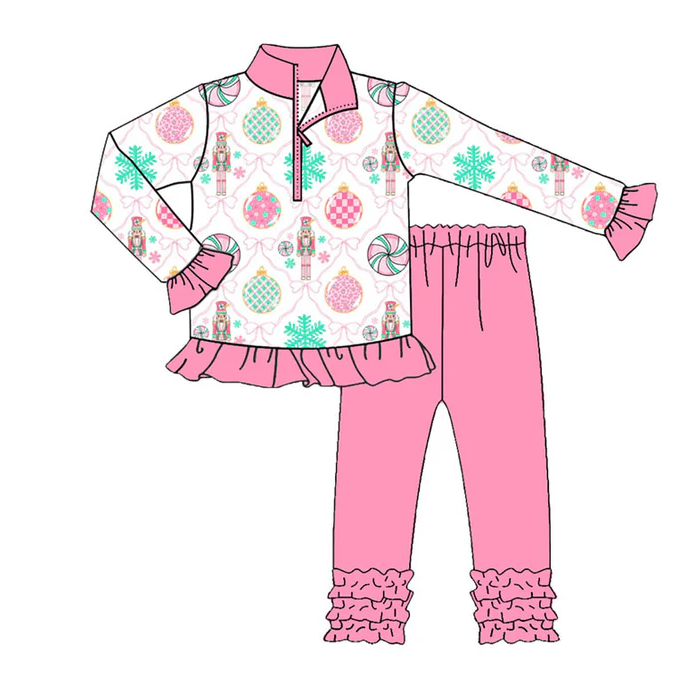 9.15 Preorder (moq 5)Baby Girls Bows Soldiers Zipper Pullover Ruffle Leggings Christmas Clothes Sets