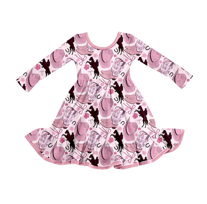 9.15 Preorder (moq 5)Baby Girls Hats Horse Rodeos Western Ruffle Knee Length Dresses