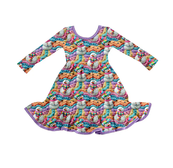9.15 Preorder (moq 5)Baby Girls Christmas Colorful Snowman Knee Length Dresses