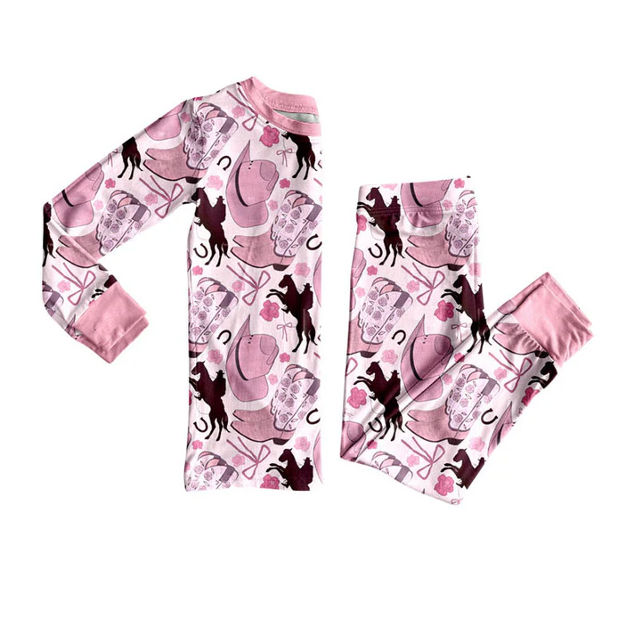 9.15 Preorder (moq 5)Baby Girls Hats Horse Rodeos Top Pants Western Pajamas Sets
