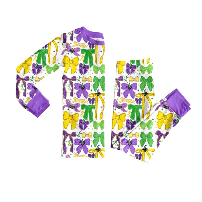 9.15 Preorder (moq 5)Baby Girls Purple Yellow Green Bows Stars Pants Mardigras Pajamas Sets