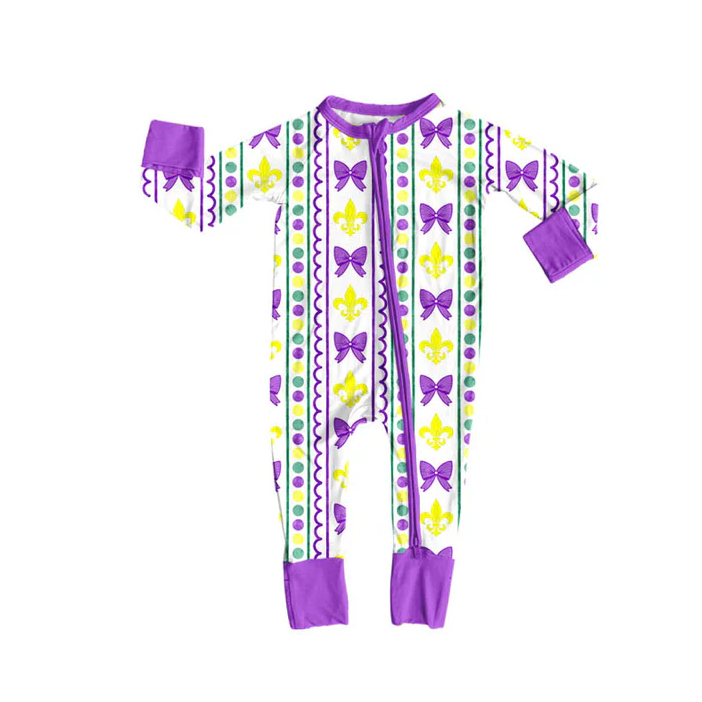 9.15 Preorder (moq 5)Baby Girls Purple Yellow Green Bows Mardigras Zipper Footie Rompers