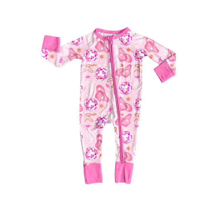 9.16 Preorder (moq 5)Baby Girls Pink Hats Stars Western Zipper Footie Rompers