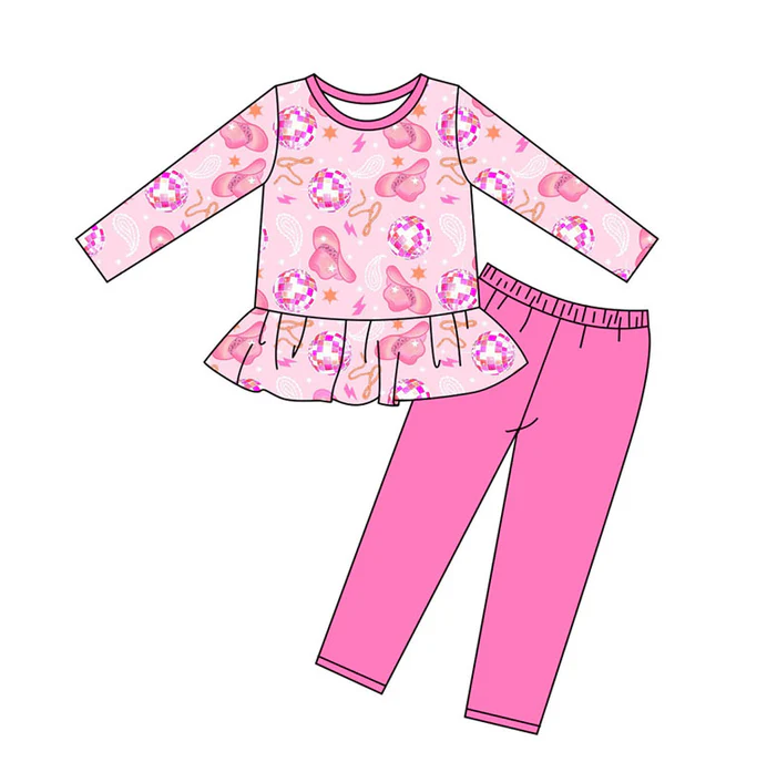 9.16 Preorder (moq 5)Baby Girls Pink Hats Stars Tunic Legging Pants Western Clothes Sets