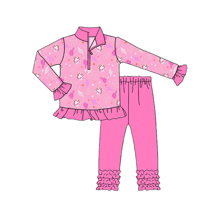 9.16 Preorder (moq 5)Baby Girls Pink Cactus Stars Zipper Pullover Ruffle Leggings Western Clothes Sets