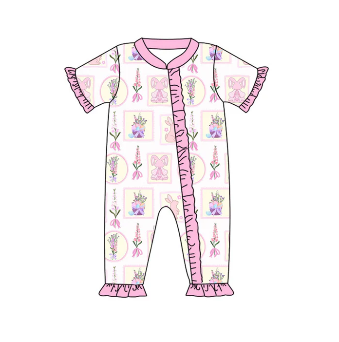 9.16 Preorder (moq 5)Baby Girls Flowers Rabbits Checked Easter Ruffle Zipper Footie Rompers