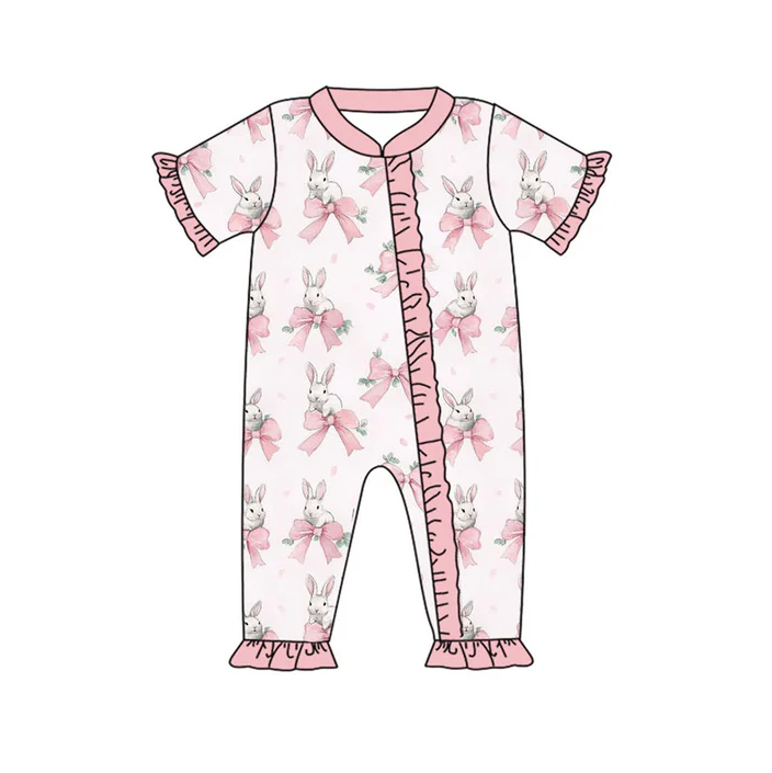 9.16 Preorder (moq 5)Baby Girls Pink Bows Rabbits Easter Ruffle Zipper Footie Rompers