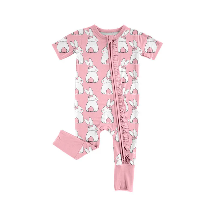 9.16 Preorder (moq 5)Baby Girls Pink Rabbits Easter Ruffle Zipper Footie Rompers