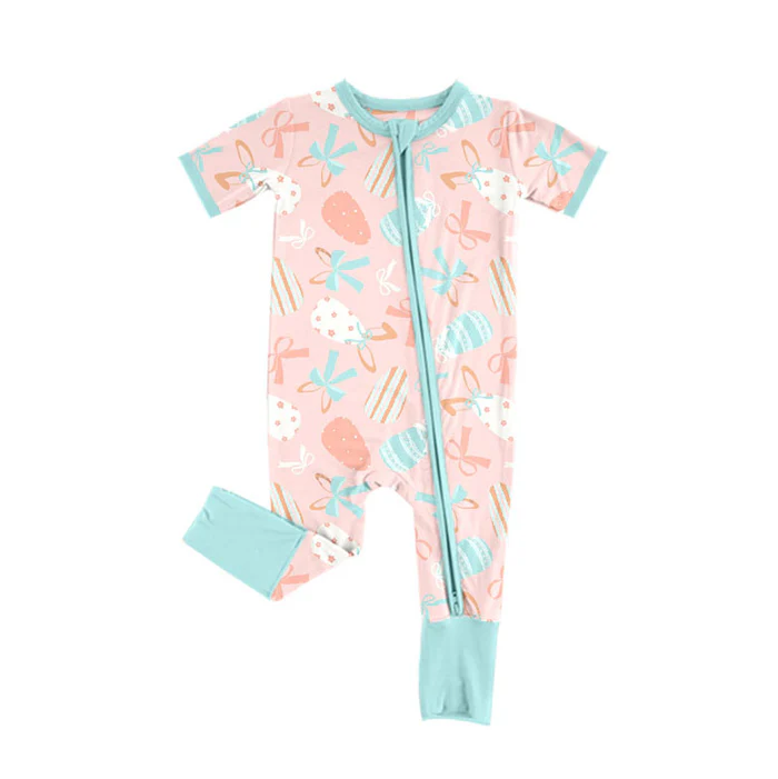 9.16 Preorder (moq 5)Baby Boys Bows Eggs Easter Zipper Footie Rompers