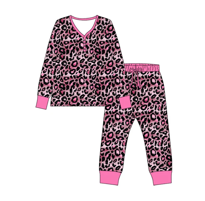 9.16 Preorder (moq 5)Baby Girls Pink Black Leopard Button Top Pants Pajamas Sets