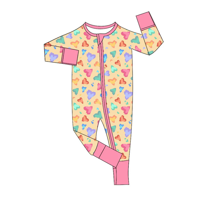 9.16 Preorder (moq 5)Baby Girls Colorful Hearts Leopard Valentine Zipper Footie Rompers