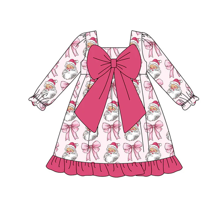 9.16 Preorder (moq 5)Baby Girls Pink Santa Bows Christmas Ruffle Knee Length Dresses