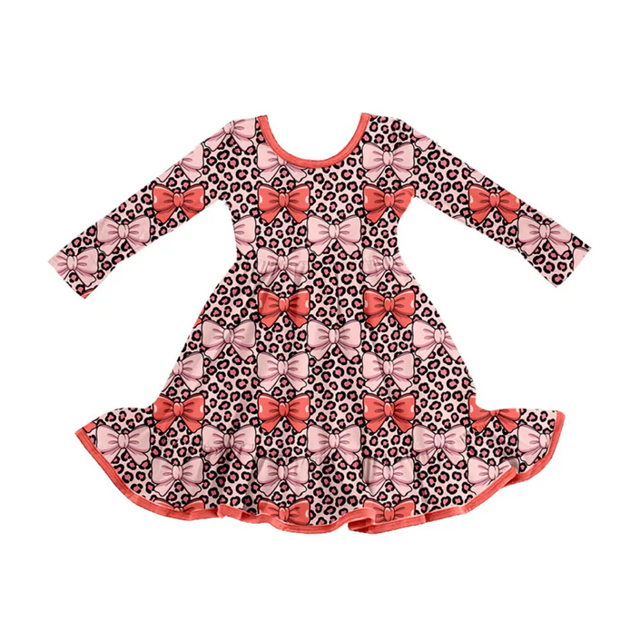 9.17 Preorder (moq 5)Baby Girls Peach Leopard Bows Ruffle Knee Length Dresses