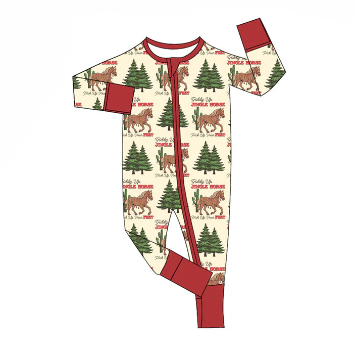 9.18 Preorder (moq 5)Baby Boys Trees Horses Cactus Merry Christmas Zipper Footie Rompers
