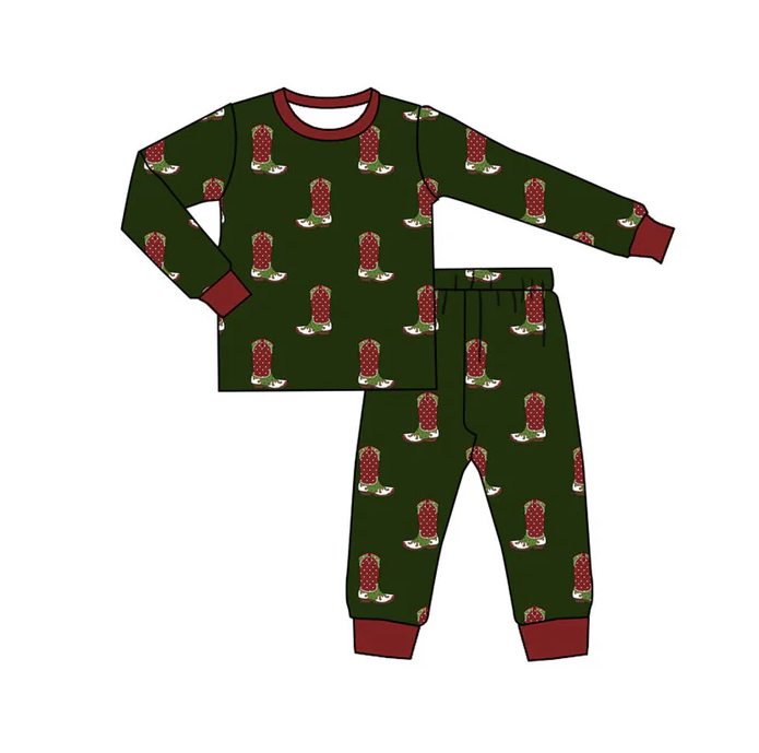 9.18 Preorder (moq 5)Baby Boys Dark Green Boots Top Pants Christmas Pajamas Set