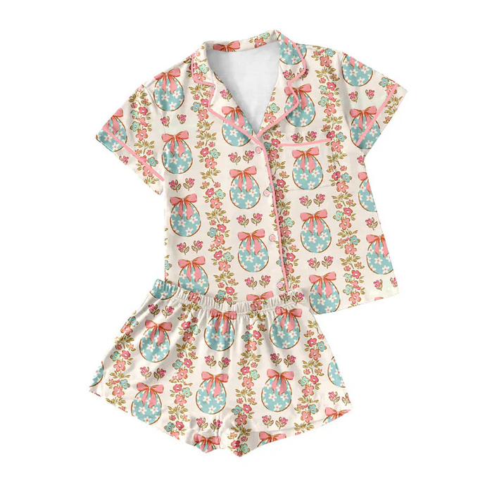 9.18 Preorder (moq 5)Baby Girls Flowers Bows Eggs Stripe Button Pocket Top Shorts Easter Pajamas Sets