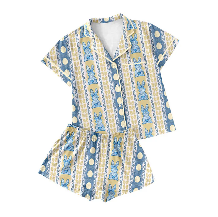 9.18 Preorder (moq 5)Baby Girls Floral Rabbits Eggs Stripe Button Pocket Top Shorts Easter Pajamas Sets