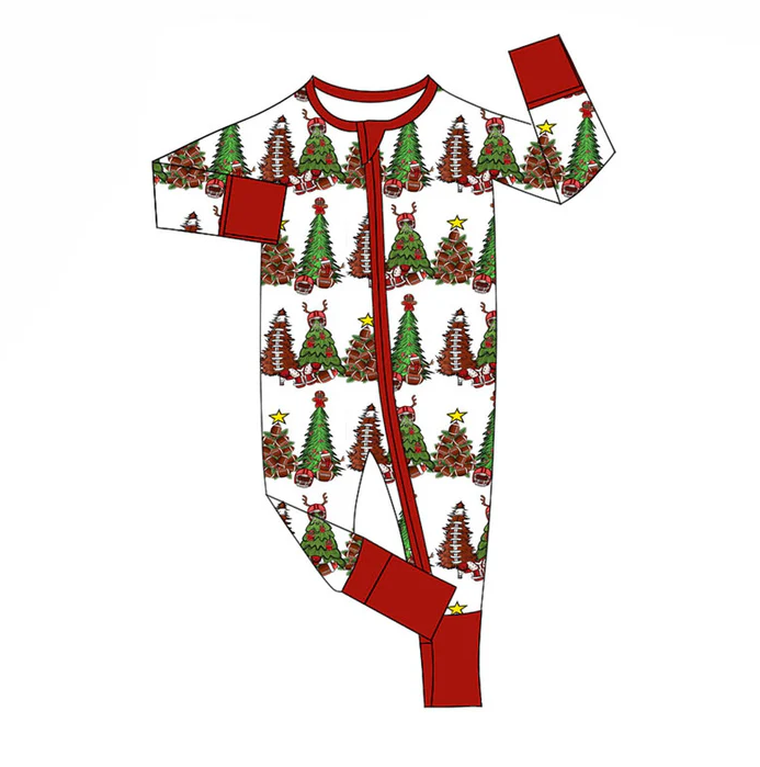 9.18 Preorder (moq 5)Baby Boys Trees Footballs Checked Christmas Zipper Footie Rompers
