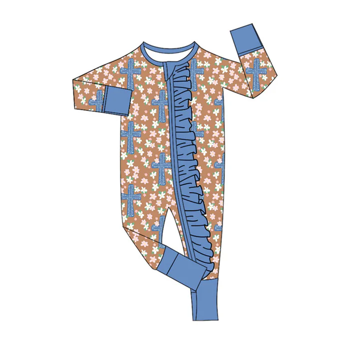 9.18 Preorder (moq 5)Baby Girls Flowers Crosses Easter Ruffle Zipper Footie Rompers