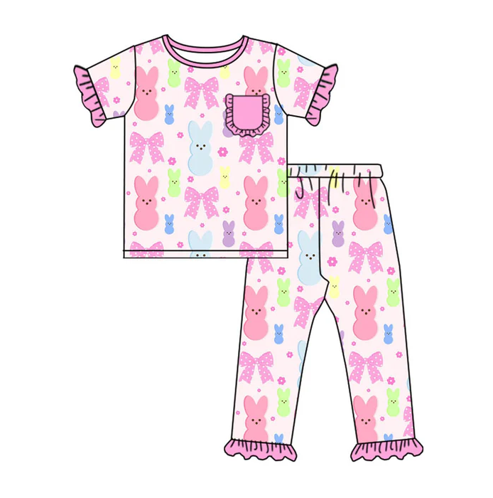 9.18 Preorder (moq 5)Baby Girls Colorful Flowers Rabbits Top Ruffle Pants Easter Pajamas Sets