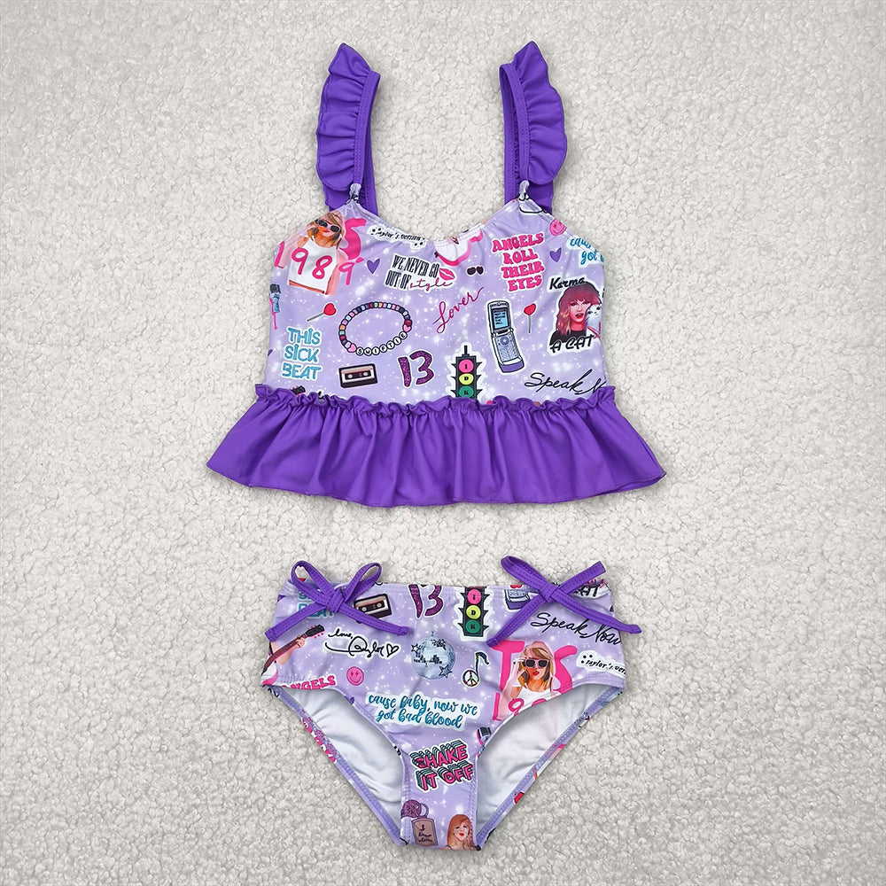 RTS NO MOQ Baby Girls Summer Sets S0389 Purple Singer Sleeveless Ruffle Top Bummies Two Pieces Swimsuits